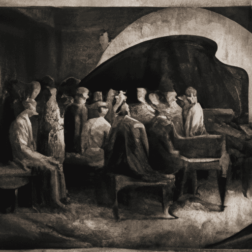 תמונה ישנה בשחור-לבן של קבוצת אנשים שהתאספו סביב פסנתר, שרים.
